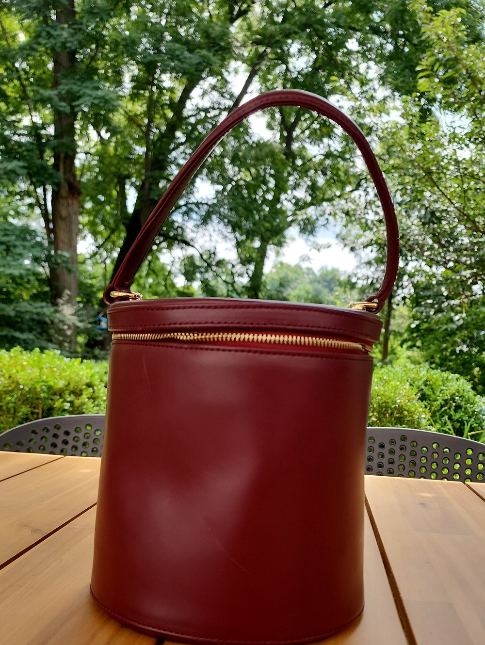 STAUD Vitti Bucket Bag Leather Bordeaux Burgundy Cylinder Barrel Top Handle